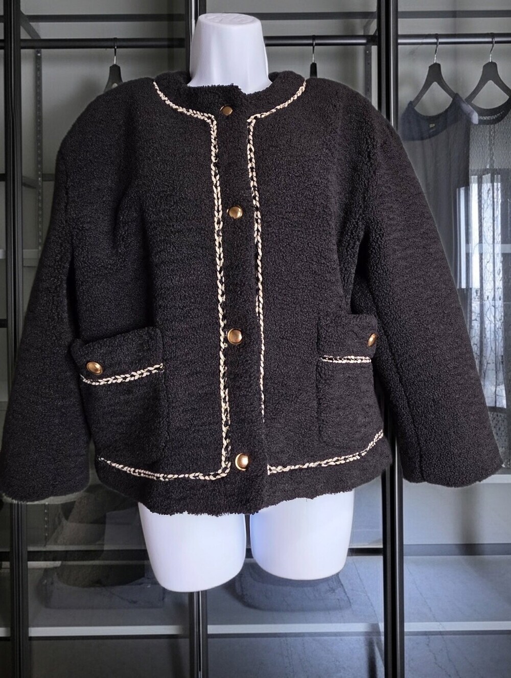 905. CHLEO Girl Seoul Black Boucle Teddy Lady Jacket Contrast Trim Gold Buttons